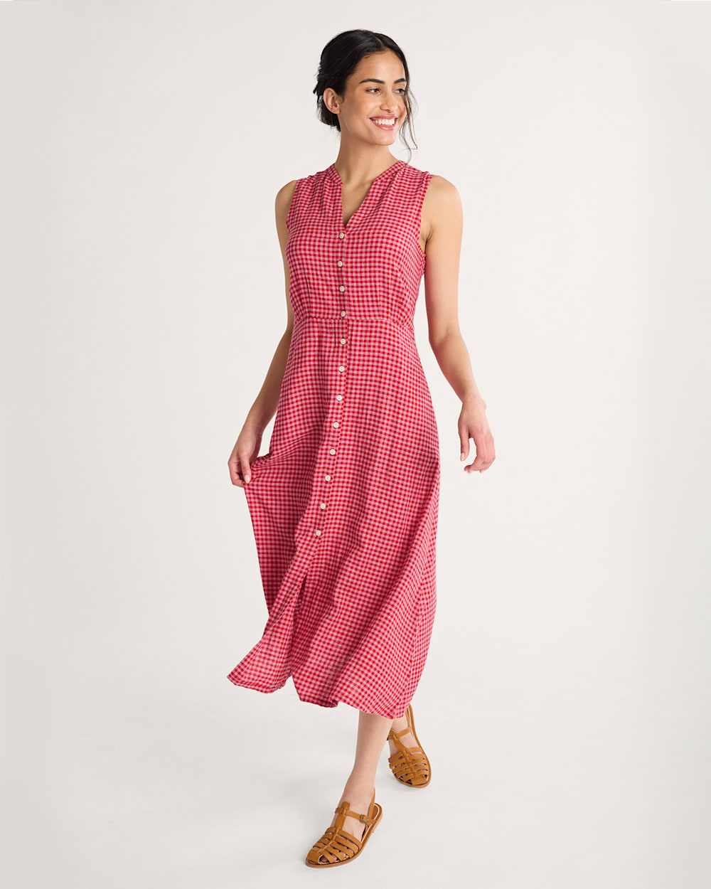 ALTERNATE VIEW OF WOMEN'S LANA SLEEVELESS LINEN DRESS IN PINK CHECK image number 3