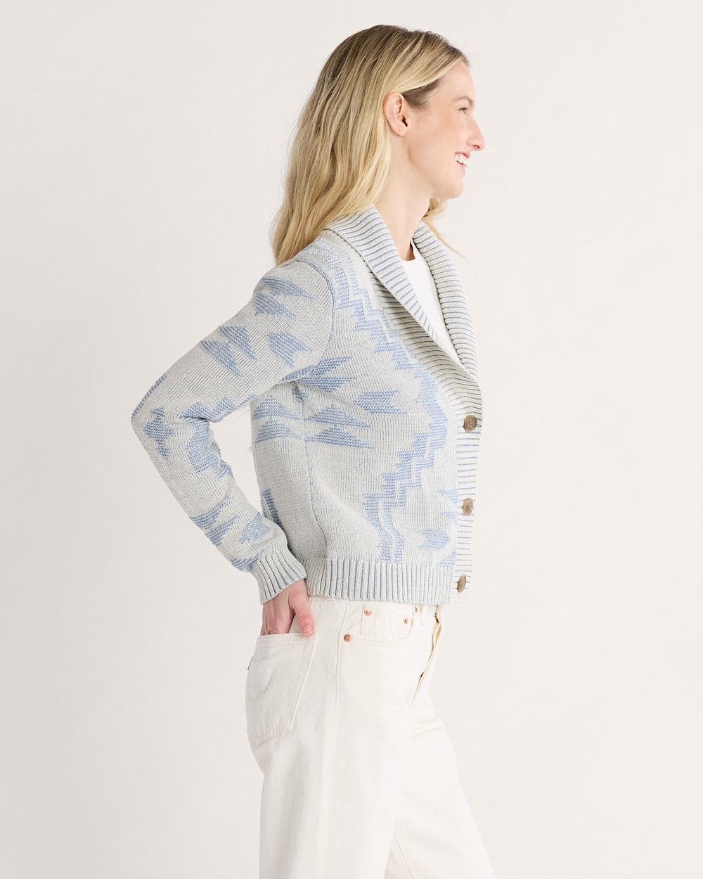 ALTERNATE VIEW OF WOMEN'S TEXTURED COTTON CARDIGAN IN ECRU/DUSTY BLUE image number 3