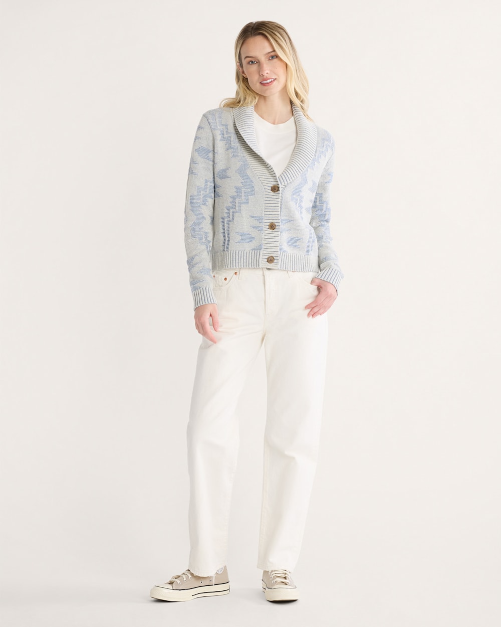 ALTERNATE VIEW OF WOMEN'S TEXTURED COTTON CARDIGAN IN ECRU/DUSTY BLUE image number 5