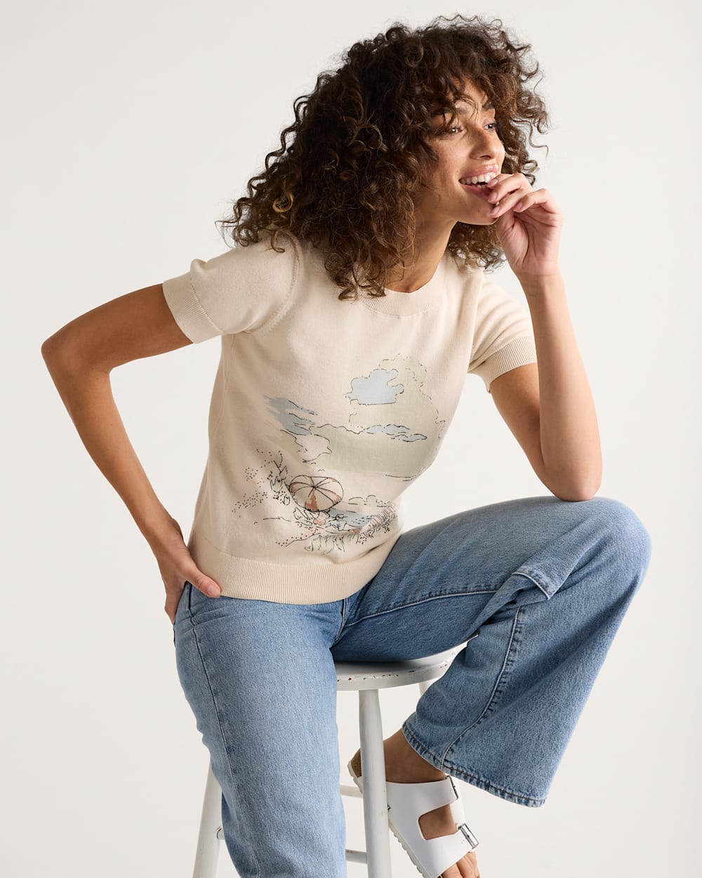 WOMEN'S COASTAL COTTON SWEATER IN TAN MULTI image number 1