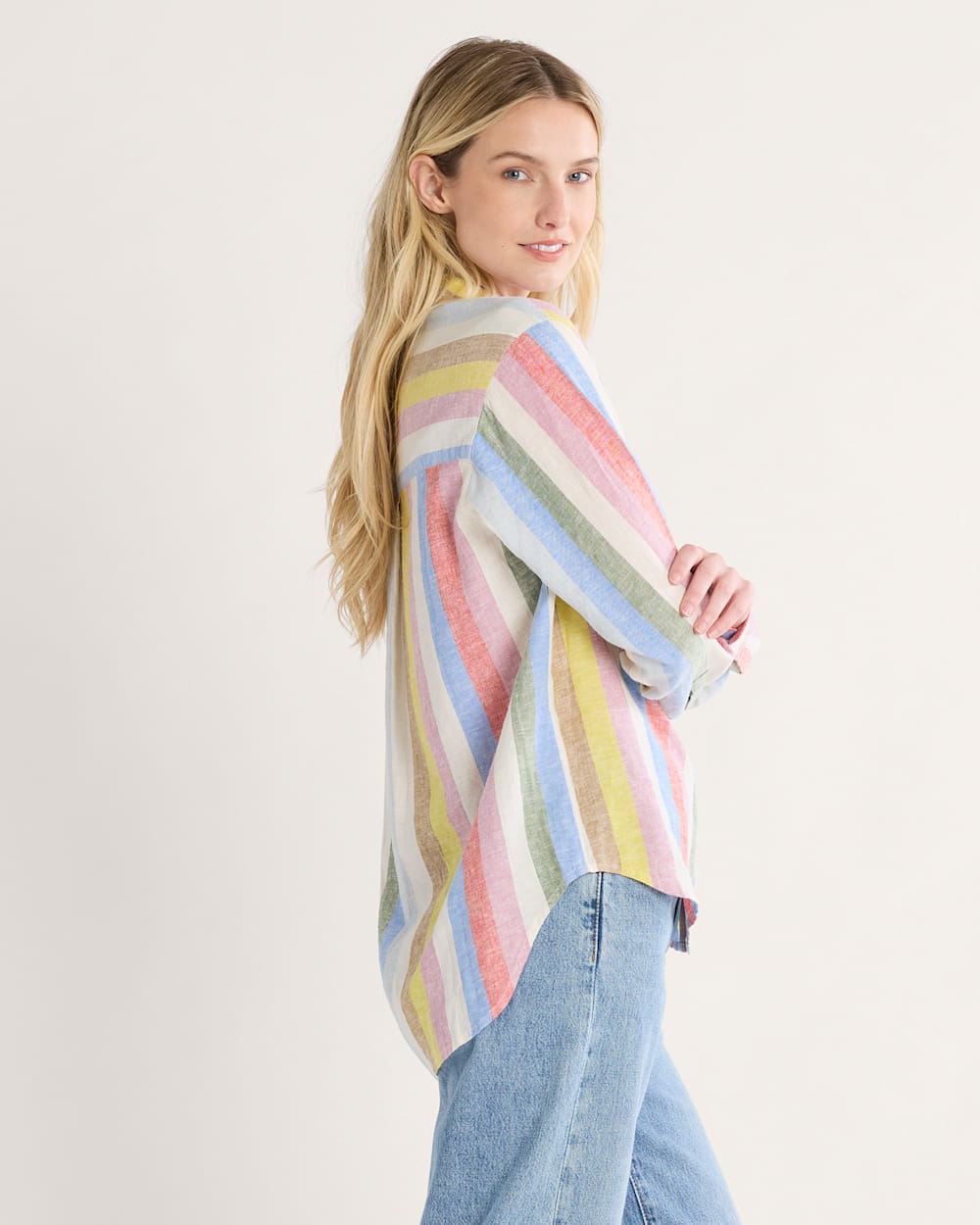ALTERNATE VIEW OF WOMEN'S COASTAL LINEN SHIRT IN MULTI STRIPE image number 3