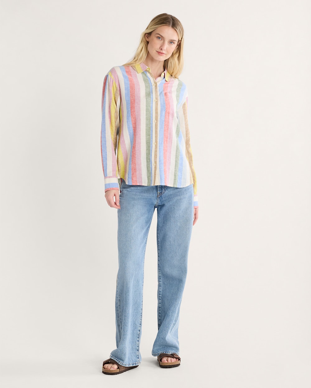 ALTERNATE VIEW OF WOMEN'S COASTAL LINEN SHIRT IN MULTI STRIPE image number 5