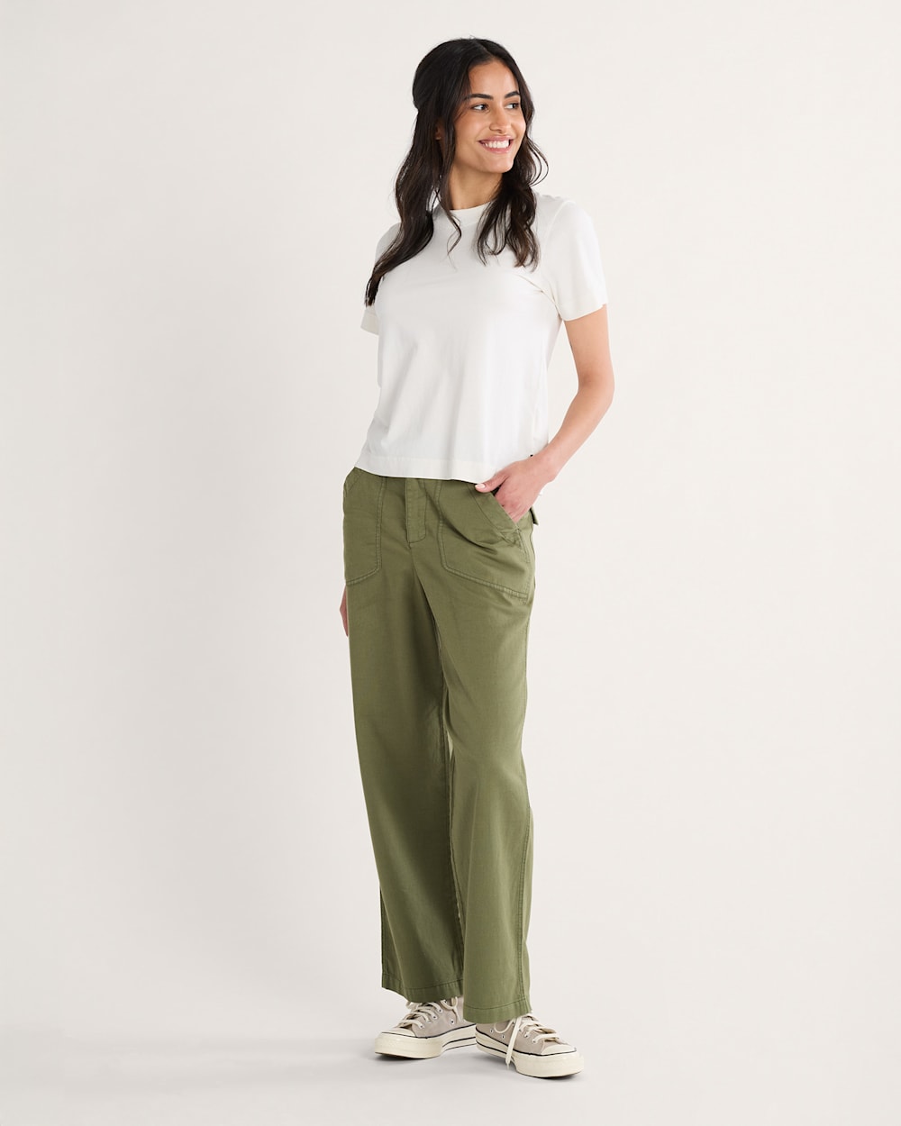 WOMEN'S UTILITY COTTON/LINEN PANTS IN KHAKI GREEN image number 1