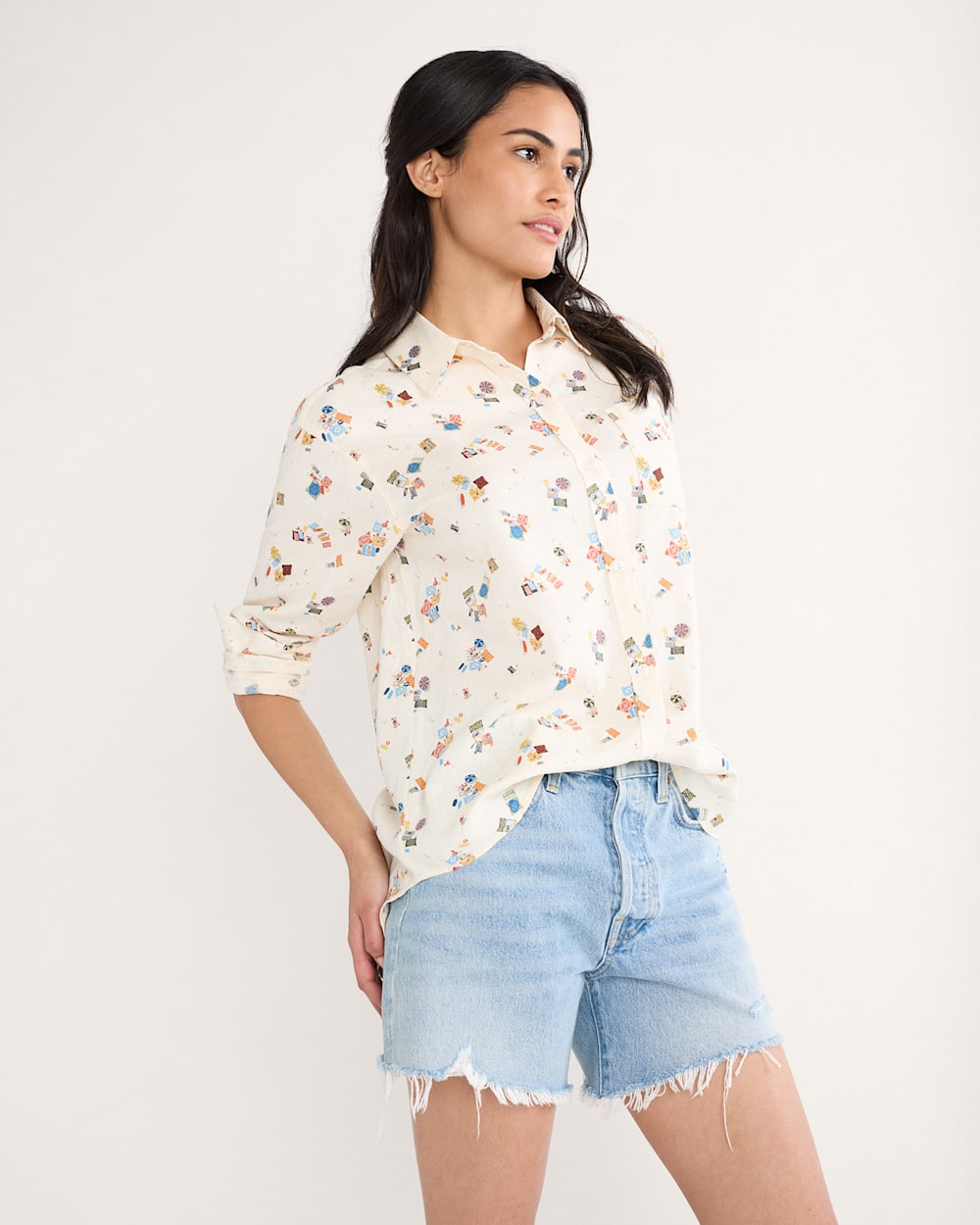 ALTERNATE VIEW OF WOMEN'S COASTAL LINEN SHIRT IN ANTIQUE WHITE BEACH PRINT image number 4