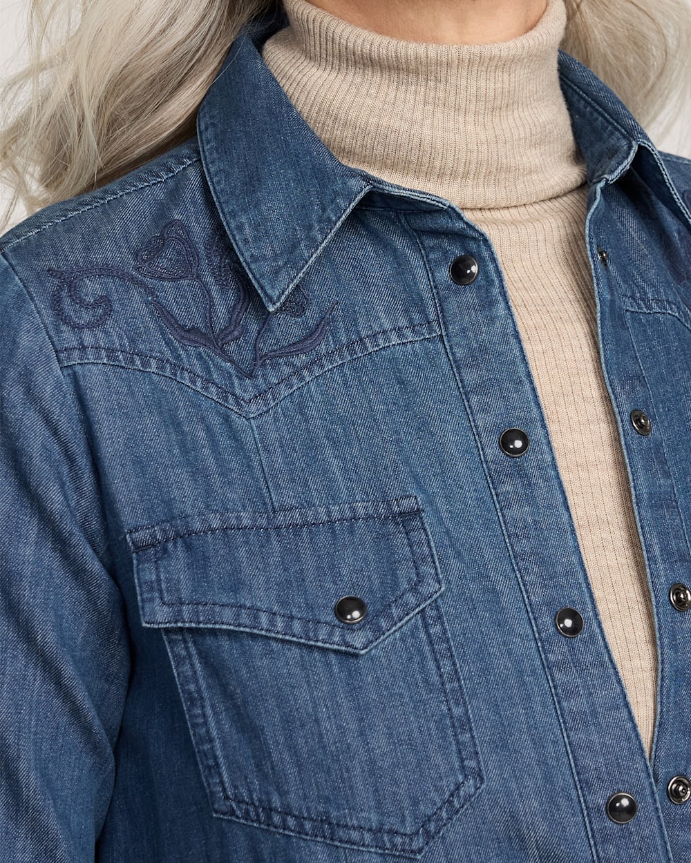 ALTERNATE VIEW OF EMBROIDERED CHAMBRAY GAMBLER SHIRT DRESS IN MEDIUM BLUE image number 5