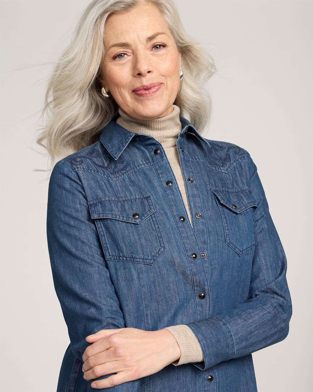 ALTERNATE VIEW OF EMBROIDERED CHAMBRAY GAMBLER SHIRT DRESS IN MEDIUM BLUE image number 6