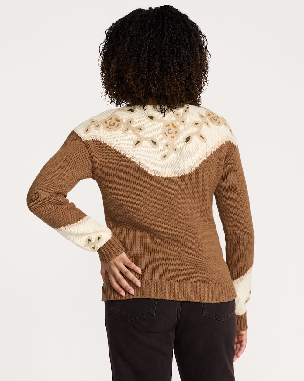 ALTERNATE VIEW OF WOMEN'S WESTERN FLORAL HENLEY SWEATER IN SPICE BROWN image number 2
