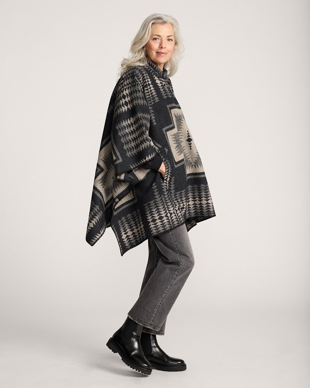 ALTERNATE VIEW OF HARDING WOOL PONCHO IN BLACK/TAN image number 3