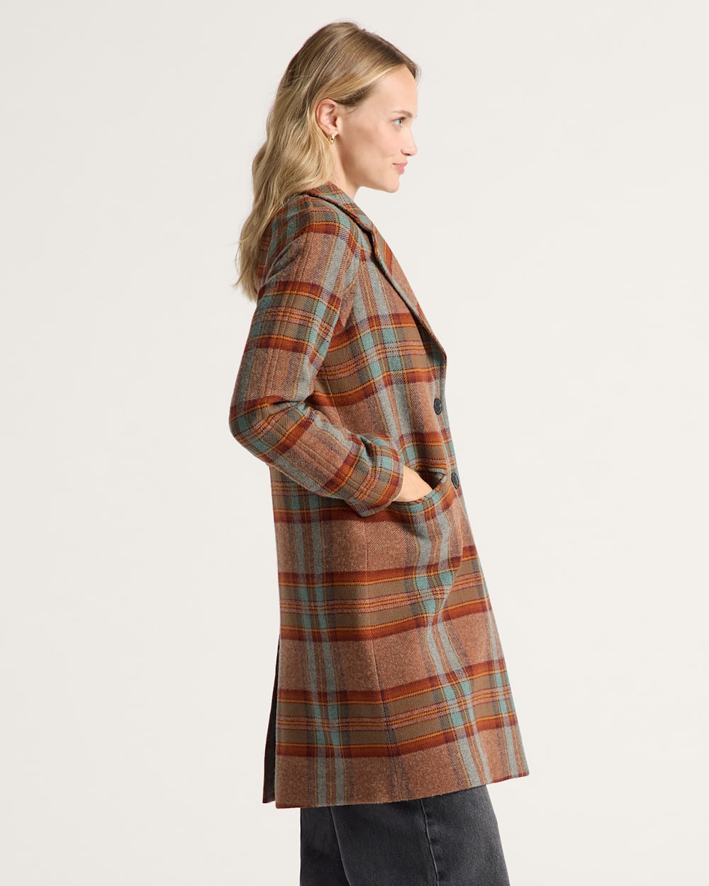 ALTERNATE VIEW OF WOMEN'S PLAID WOOL OVERCOAT IN BRICK MULTI image number 3