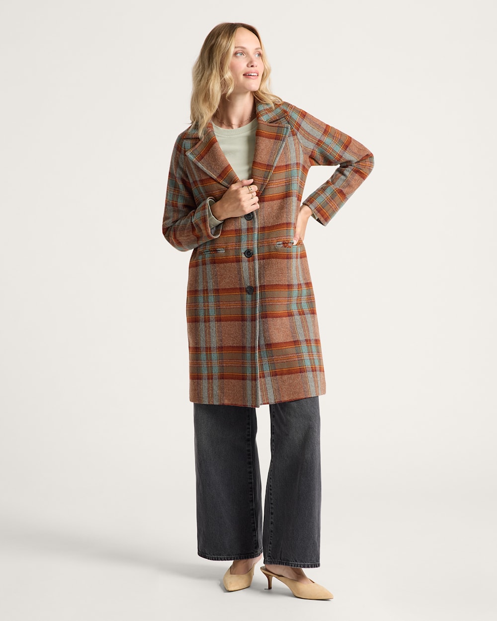 ALTERNATE VIEW OF WOMEN'S PLAID WOOL OVERCOAT IN BRICK MULTI image number 5