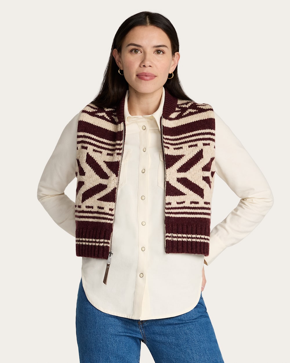 WOMEN'S GRAPHIC SHETLAND COLLECTION ZIP VEST IN MOCHA image number 1