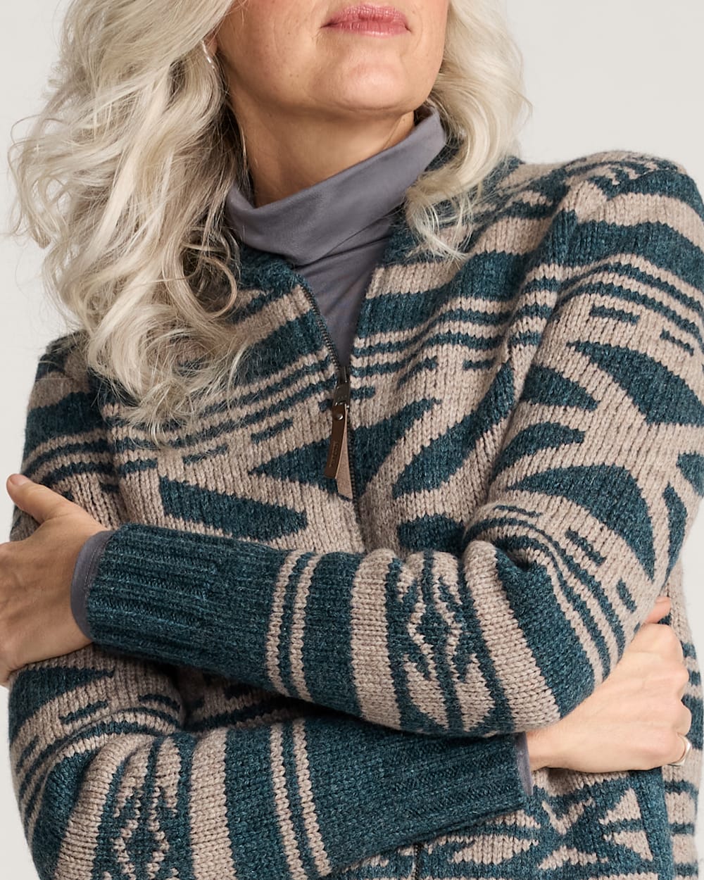 ALTERNATE VIEW OF WOMEN'S GRAPHIC SHETLAND COLLECTION ZIP CARDIGAN IN TEAL HEATHER image number 4