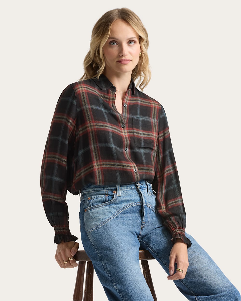 WOMEN'S PLAID ZOE BLOUSE IN BLACK MULTI image number 1