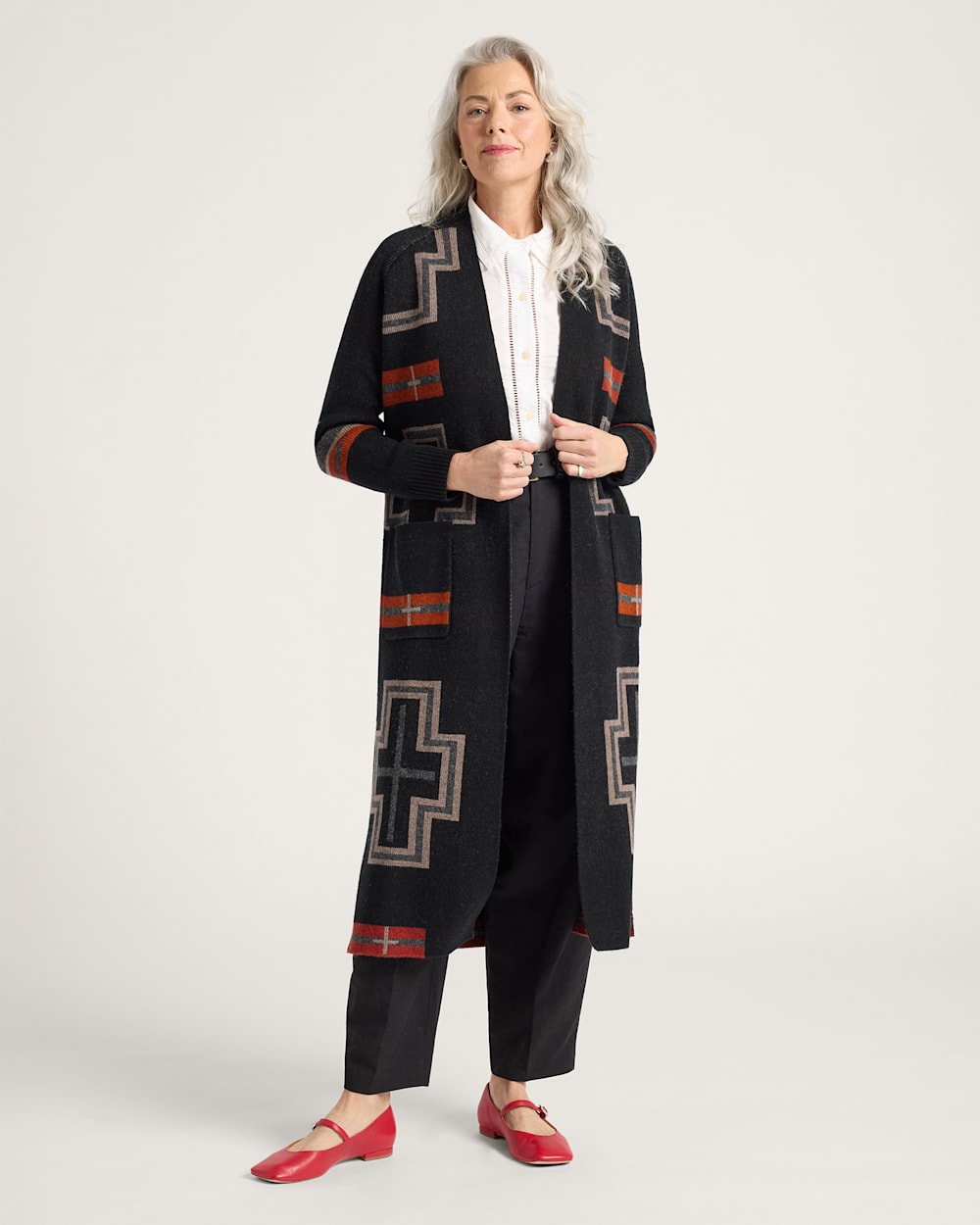 WOMEN'S SAN MIGUEL LAMBSWOOL DUSTER CARDIGAN IN BLACK/RED image number 1