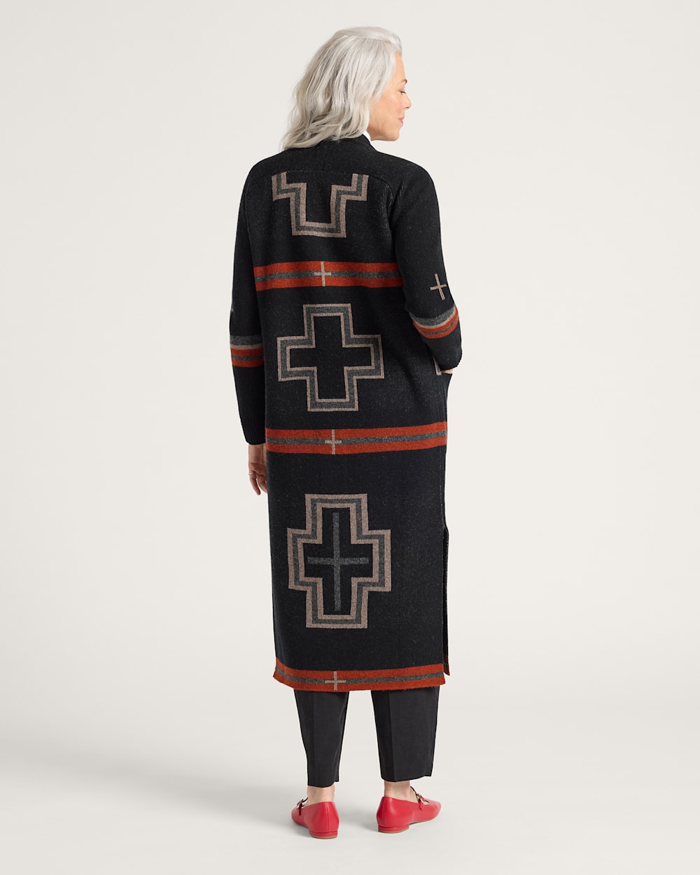 ALTERNATE VIEW OF WOMEN'S SAN MIGUEL LAMBSWOOL DUSTER CARDIGAN IN BLACK/RED image number 2
