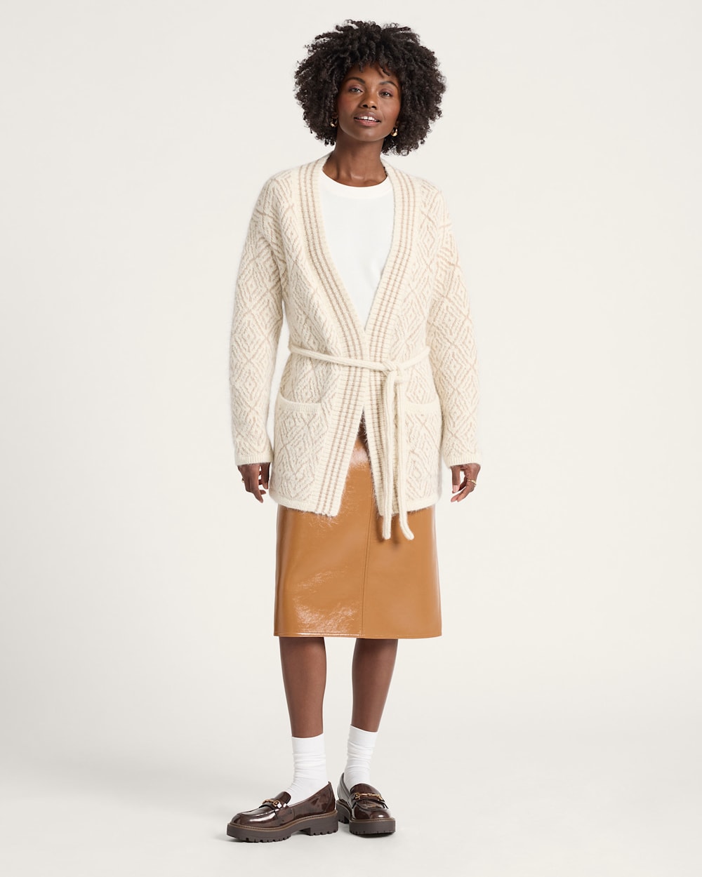 ALTERNATE VIEW OF WOMEN'S TEXTURED ALPACA CARDIGAN IN IVORY/TAN image number 5