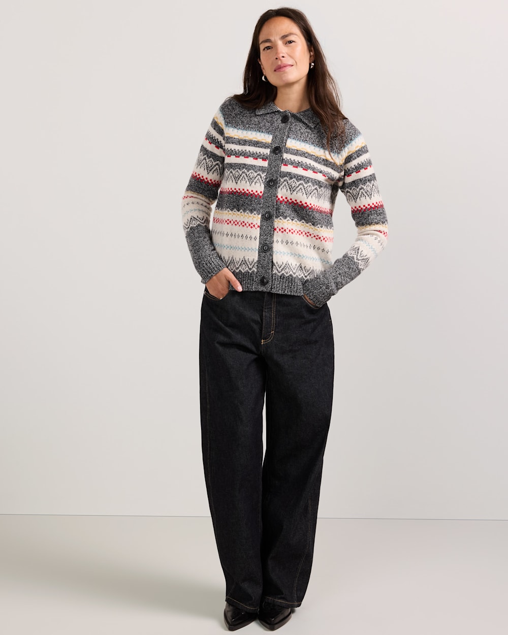 ALTERNATE VIEW OF WOMEN'S FAIR ISLE MERINO CARDIGAN IN CHARCOAL HEATHER image number 5