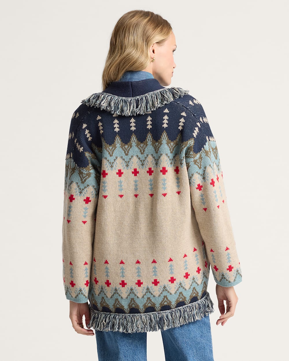 ALTERNATE VIEW OF WOMEN'S GRAPHIC FRINGE CARDIGAN IN ECRU/NAVY MULTI image number 2