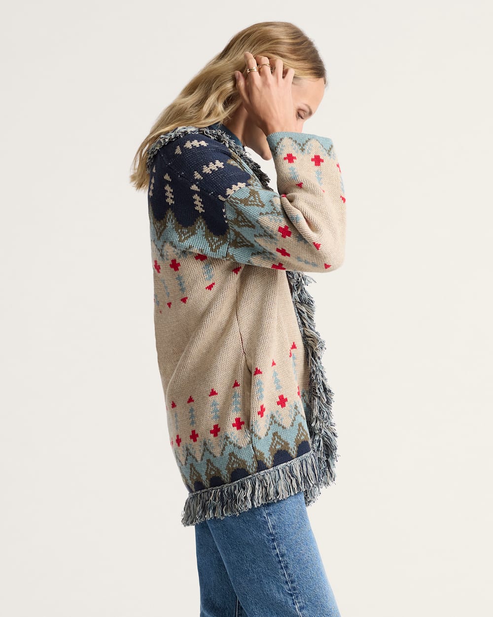 ALTERNATE VIEW OF WOMEN'S GRAPHIC FRINGE CARDIGAN IN ECRU/NAVY MULTI image number 3