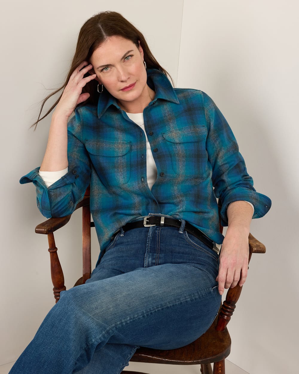ALTERNATE VIEW OF WOMEN'S PLAID BOARD SHIRT IN TURQUOISE/BLUE OMBRE image number 2
