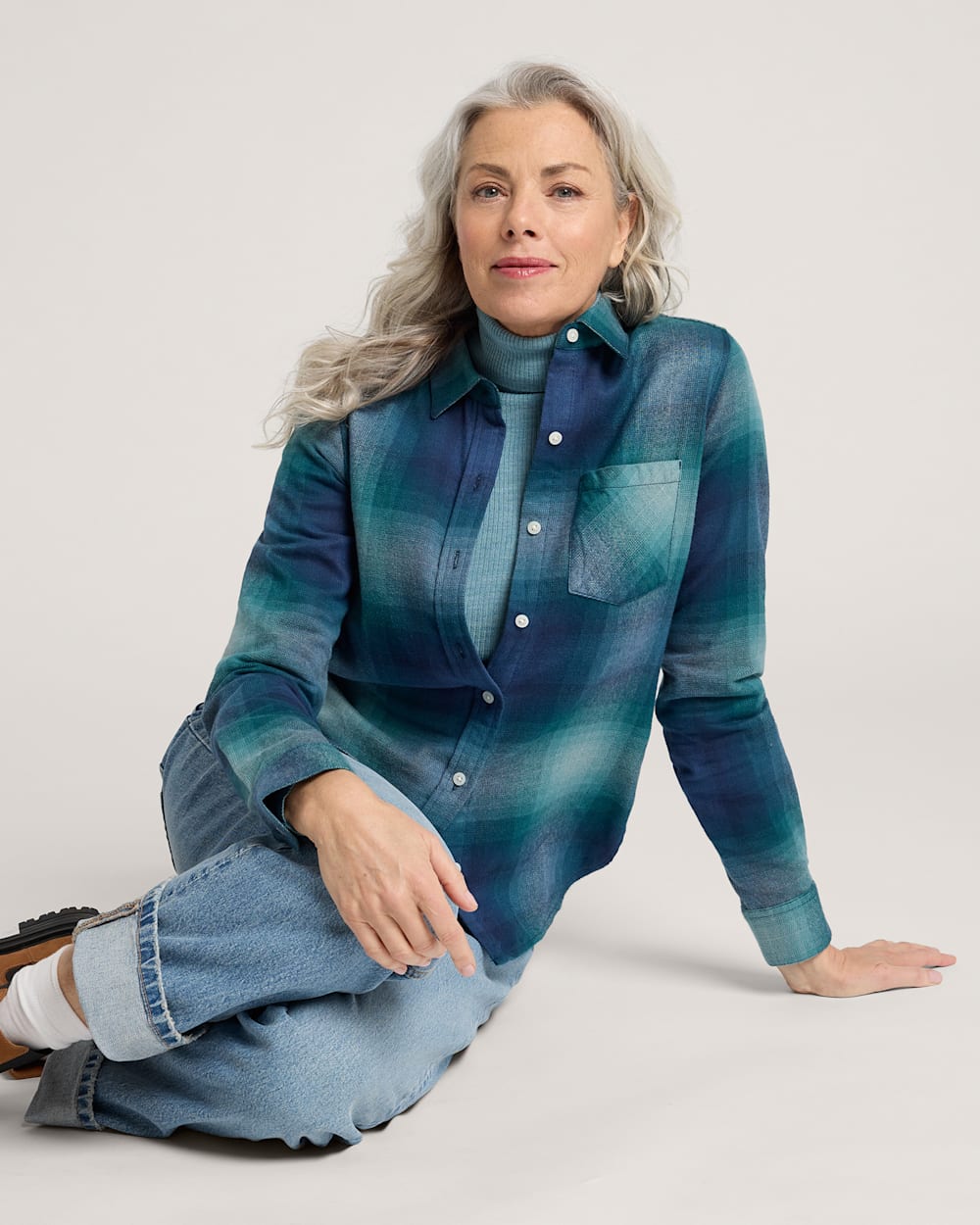 PLAID COTTON FLANNEL RELAXED SHIRT IN TEAL OMBRE image number 1