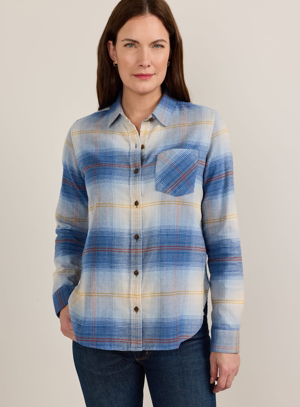 ALTERNATE VIEW OF WOMEN'S PLAID COTTON FLANNEL RELAXED SHIRT IN LIGHT BLUE OMBRE image number 2