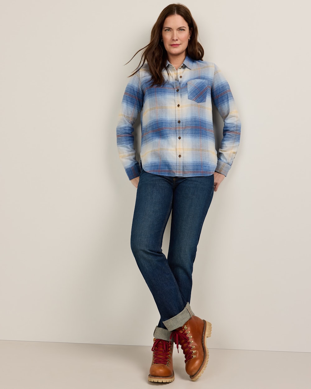ALTERNATE VIEW OF WOMEN'S PLAID COTTON FLANNEL RELAXED SHIRT IN LIGHT BLUE OMBRE image number 5