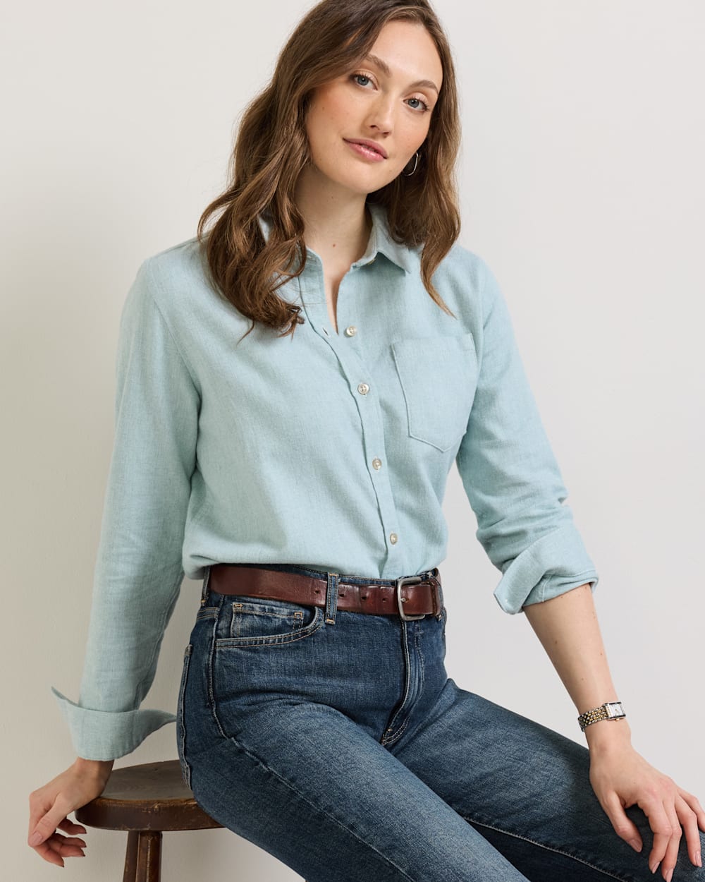 ALTERNATE VIEW OF WOMEN'S COTTON FLANNEL RELAXED SHIRT IN SEA BLUE image number 4