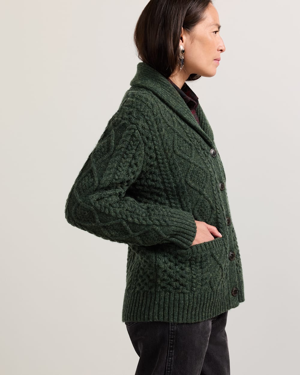 ALTERNATE VIEW OF WOMEN'S FISHERMAN WOOL CARDIGAN IN DARK FIR image number 2