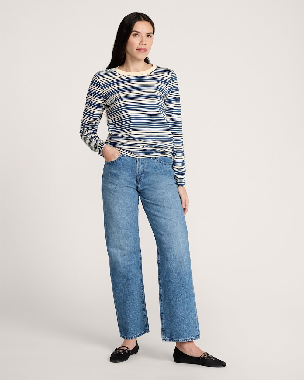 ALTERNATE VIEW OF WOMEN'S LONG-SLEEVE STRIPE DESCHUTES TEE IN BLUE STRIPE image number 4