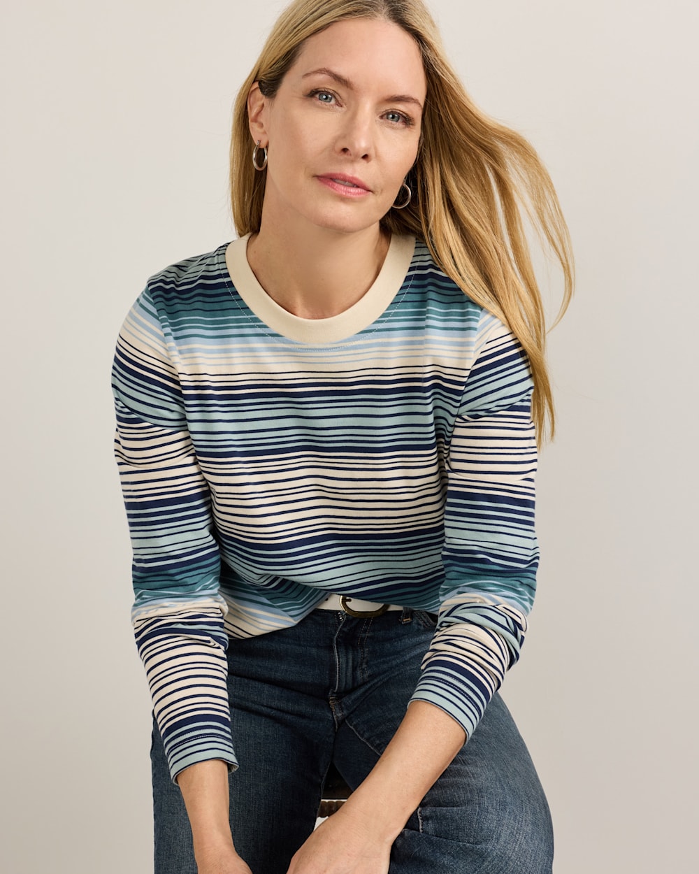 WOMEN'S LONG-SLEEVE STRIPE DESCHUTES TEE IN TEAL/BLUE STRIPE image number 1