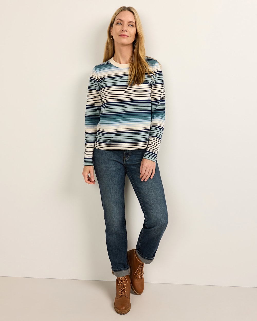 ALTERNATE VIEW OF WOMEN'S LONG-SLEEVE STRIPE DESCHUTES TEE IN TEAL/BLUE STRIPE image number 5