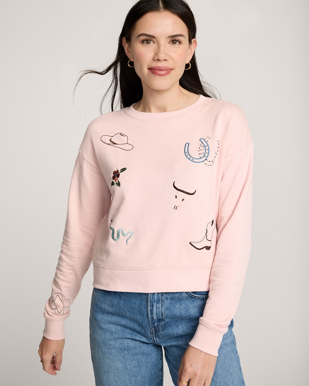 WESTERN GRAPHIC FRENCH TERRY PULLOVER IN SOFT ROSE image number 1