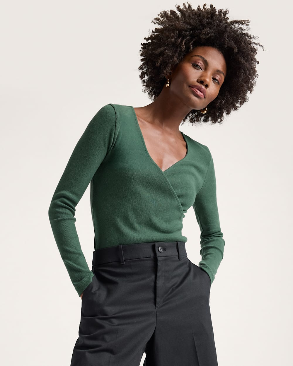 PIMA COTTON FAUX WRAP TOP IN FOREST GREEN image number 1