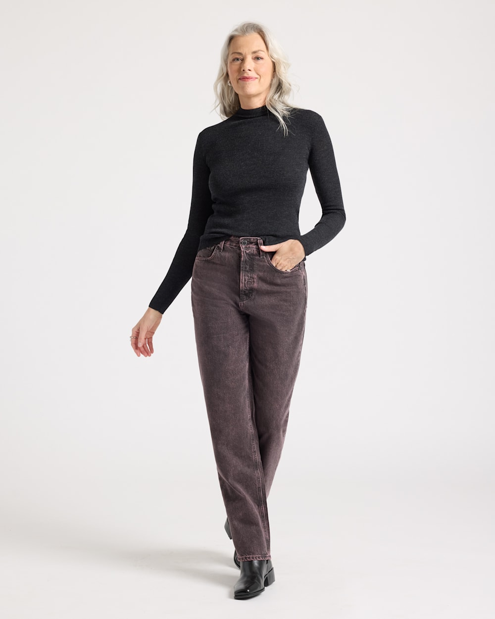 ALTERNATE VIEW OF WOMEN'S RIB MERINO MOCKNECK IN BLACK HEATHER image number 5