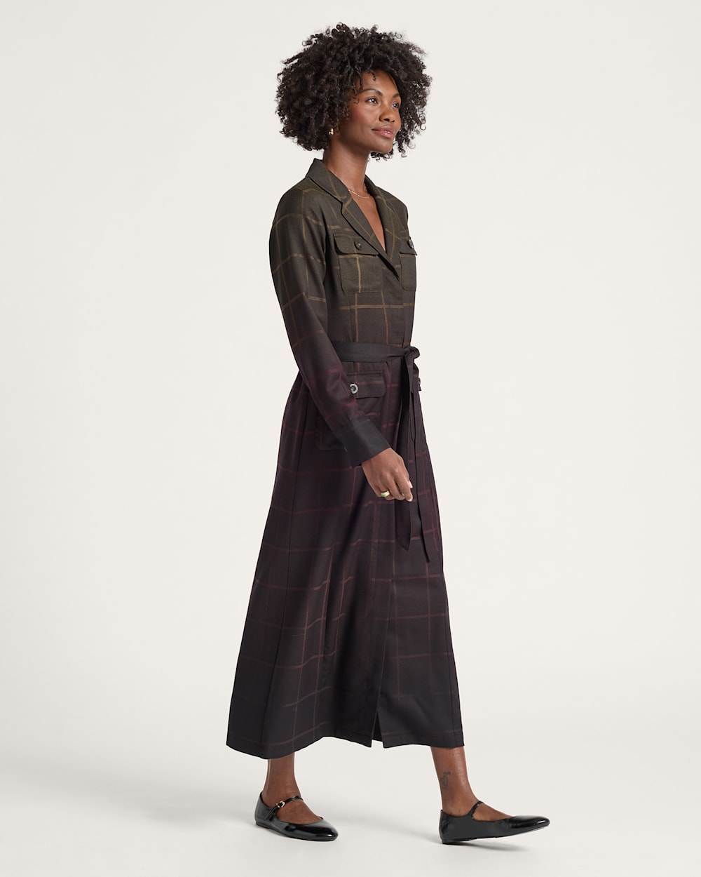 ALTERNATE VIEW OF WOMEN'S WORSTED WOOL WRAP DRESS IN BLACK OMBRE PLAID image number 3