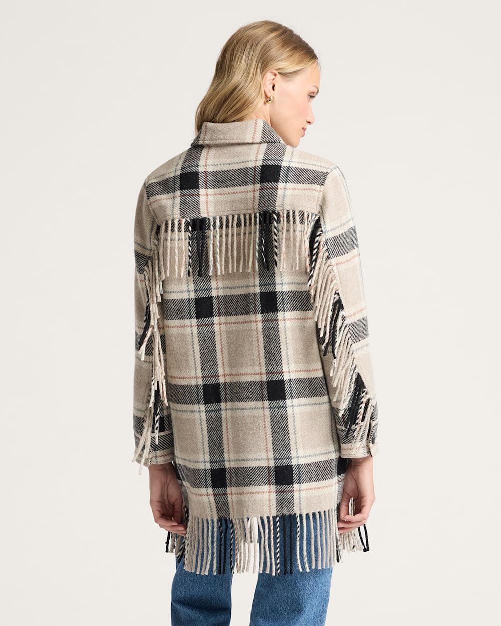 ALTERNATE VIEW OF WOMEN'S PLAID JOLENE WOOL FRINGED JACKET IN TAN/BLACK MULTI image number 2