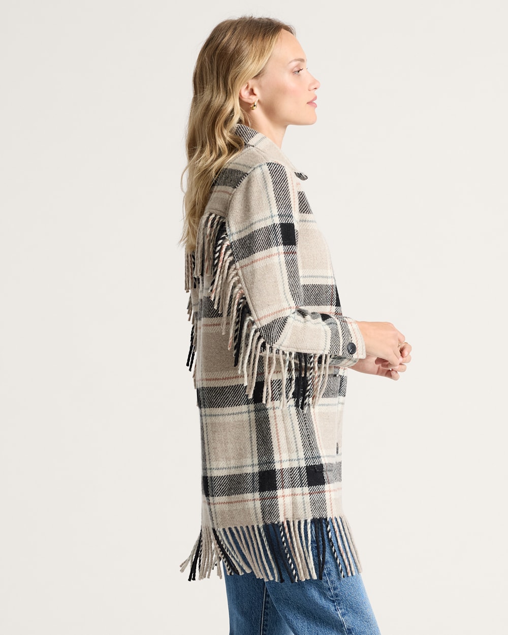 ALTERNATE VIEW OF WOMEN'S PLAID JOLENE WOOL FRINGED JACKET IN TAN/BLACK MULTI image number 3