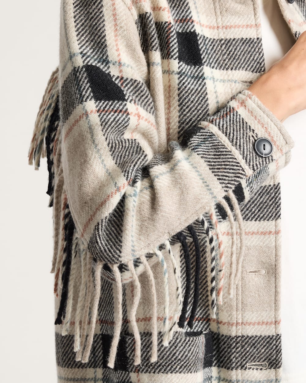 ALTERNATE VIEW OF WOMEN'S PLAID JOLENE WOOL FRINGED JACKET IN TAN/BLACK MULTI image number 4