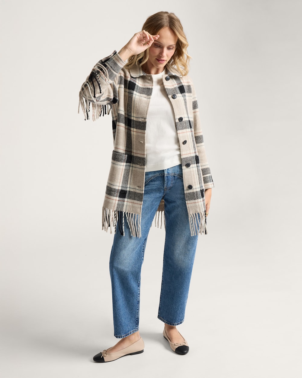 ALTERNATE VIEW OF WOMEN'S PLAID JOLENE WOOL FRINGED JACKET IN TAN/BLACK MULTI image number 5