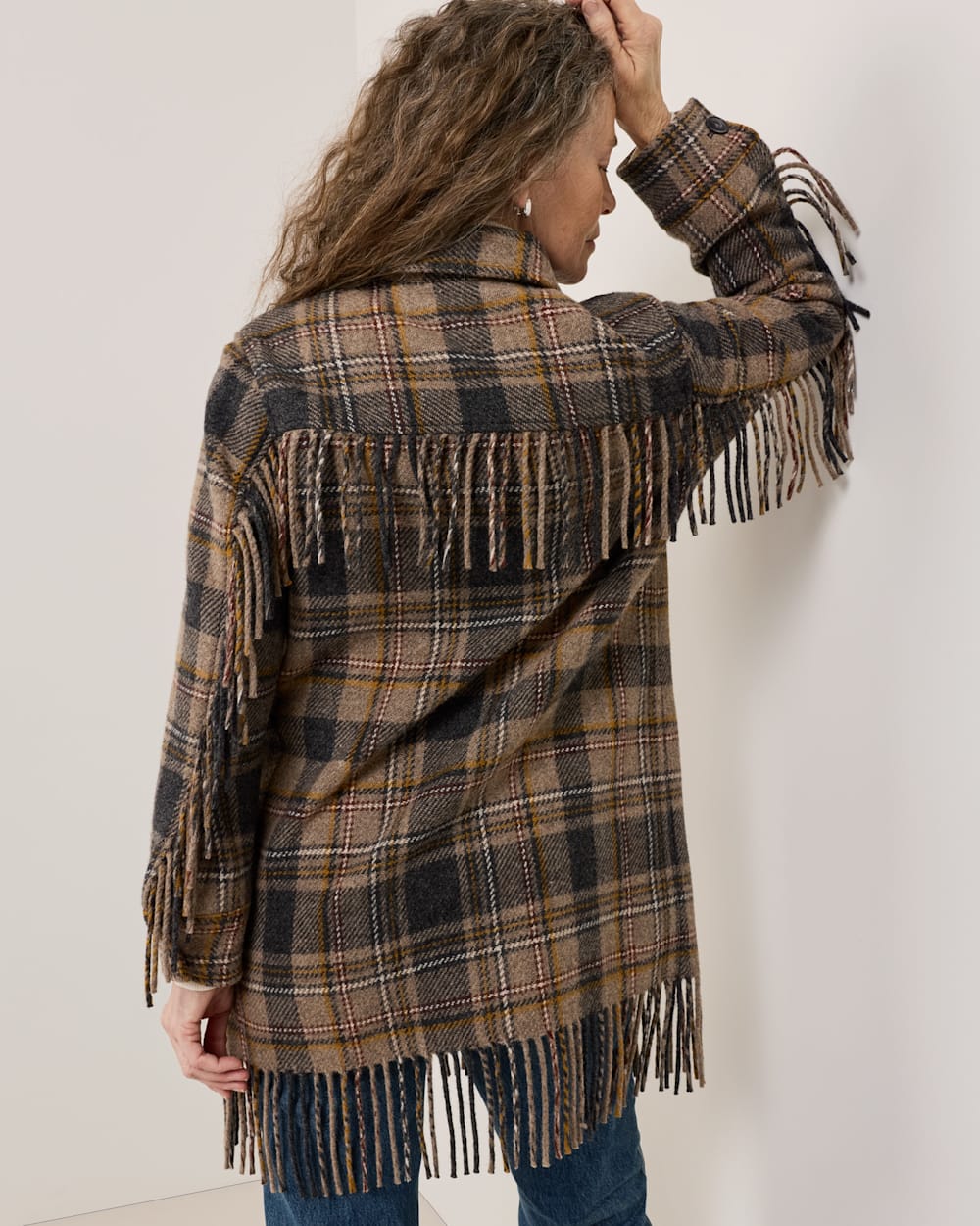 WOMEN'S PLAID JOLENE WOOL FRINGED JACKET IN TAUPE/CHARCOAL image number 1