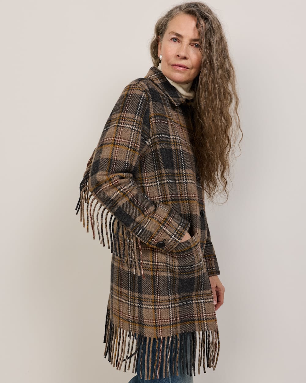 ALTERNATE VIEW OF WOMEN'S PLAID JOLENE WOOL FRINGED JACKET IN TAUPE/CHARCOAL image number 3