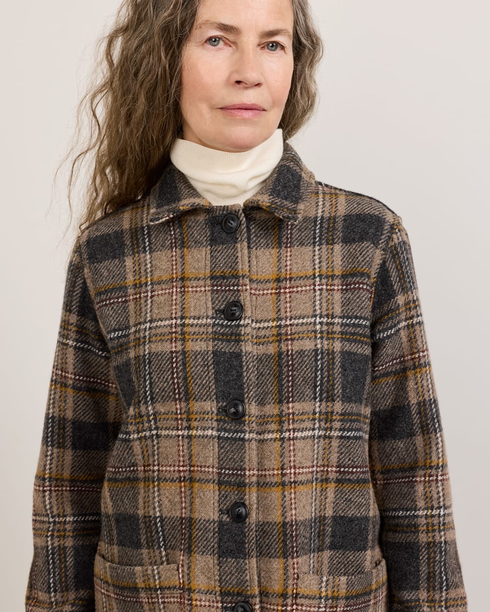 ALTERNATE VIEW OF WOMEN'S PLAID JOLENE WOOL FRINGED JACKET IN TAUPE/CHARCOAL image number 4