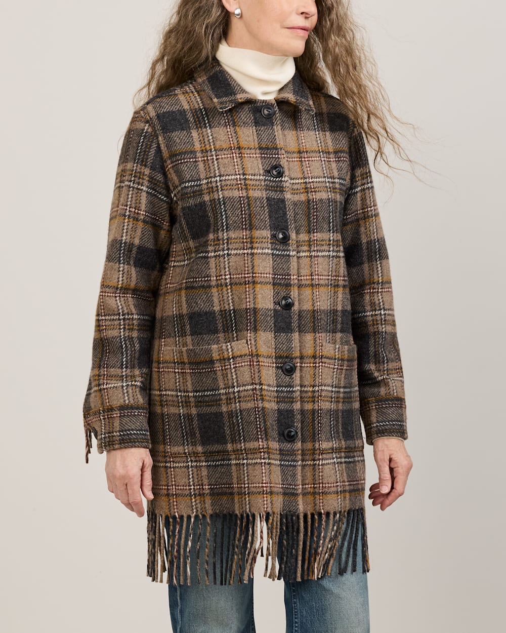 ALTERNATE VIEW OF WOMEN'S PLAID JOLENE WOOL FRINGED JACKET IN TAUPE/CHARCOAL image number 5