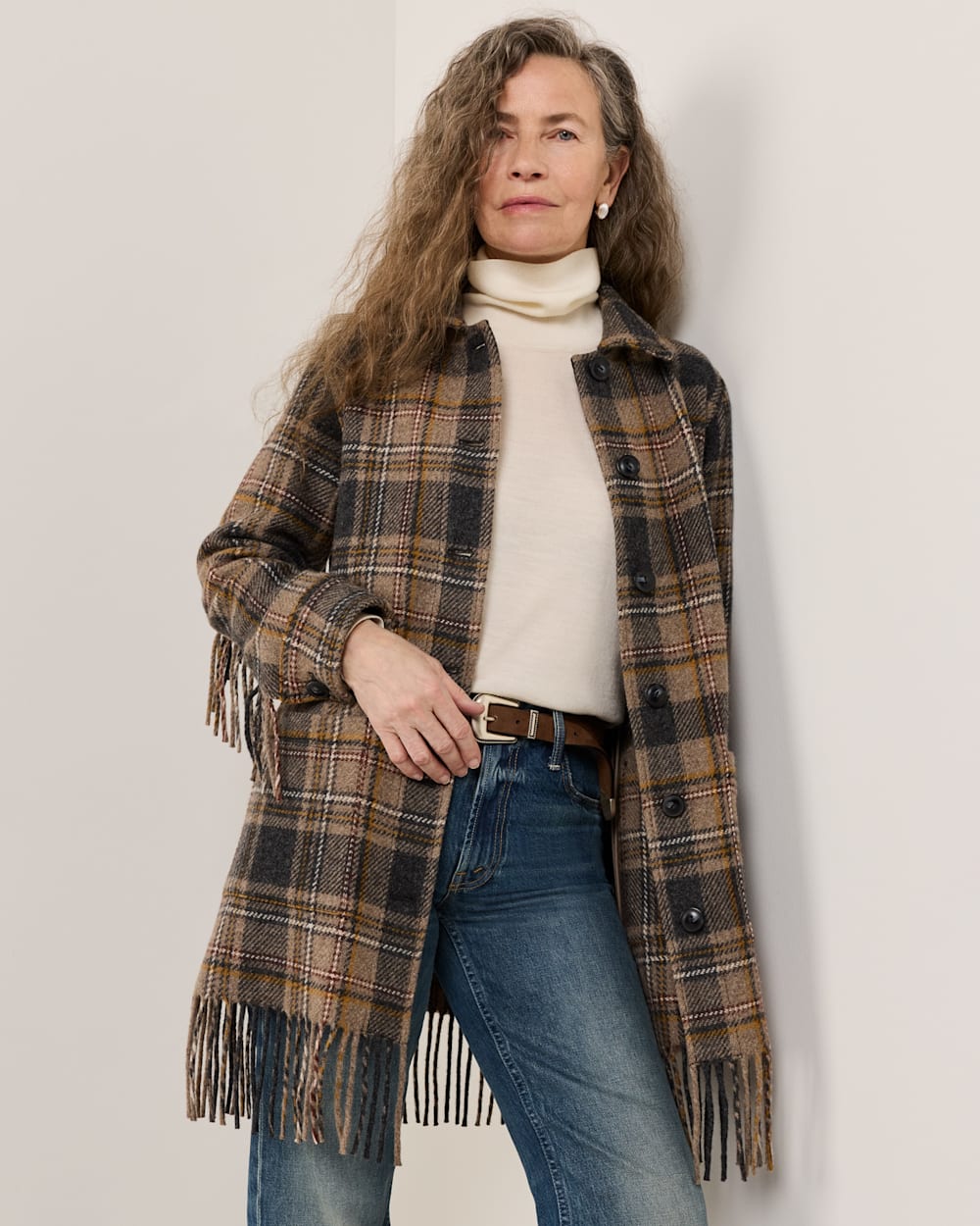 ALTERNATE VIEW OF WOMEN'S PLAID JOLENE WOOL FRINGED JACKET IN TAUPE/CHARCOAL image number 6
