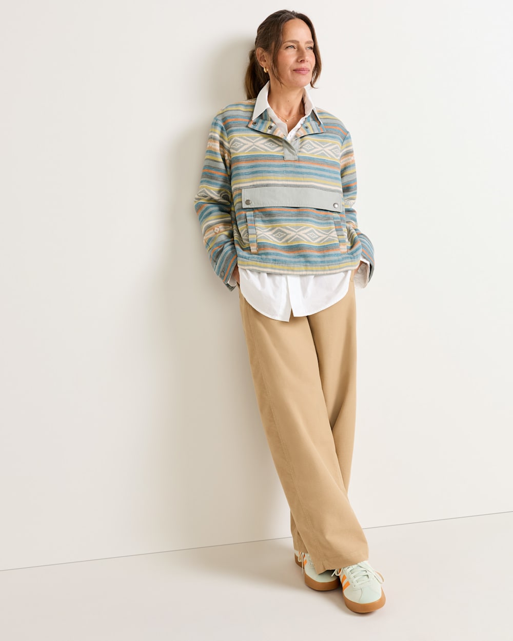 WOMEN'S DOUBLESOFT HALF-SNAP PULLOVER IN TEAL MULTI STRIPE image number 1