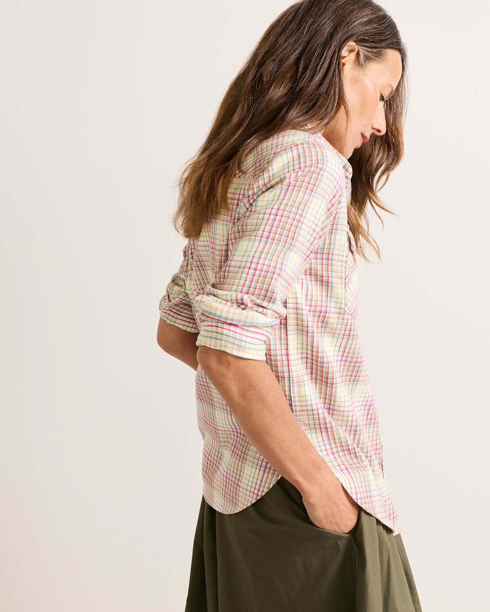 ALTERNATE VIEW OF WOMEN'S RILEY PLAID FLANNEL SHIRT IN IVORY MULTI PLAID image number 3