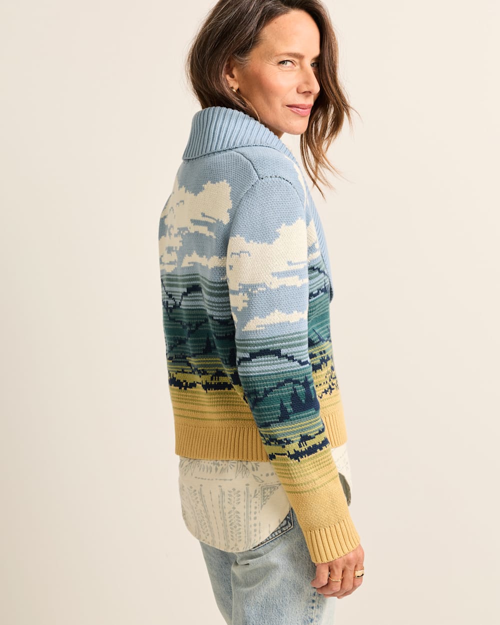 ALTERNATE VIEW OF WOMEN'S BIG SKY COTTON CARDIGAN IN BLUE/YELLOW MULTI image number 3