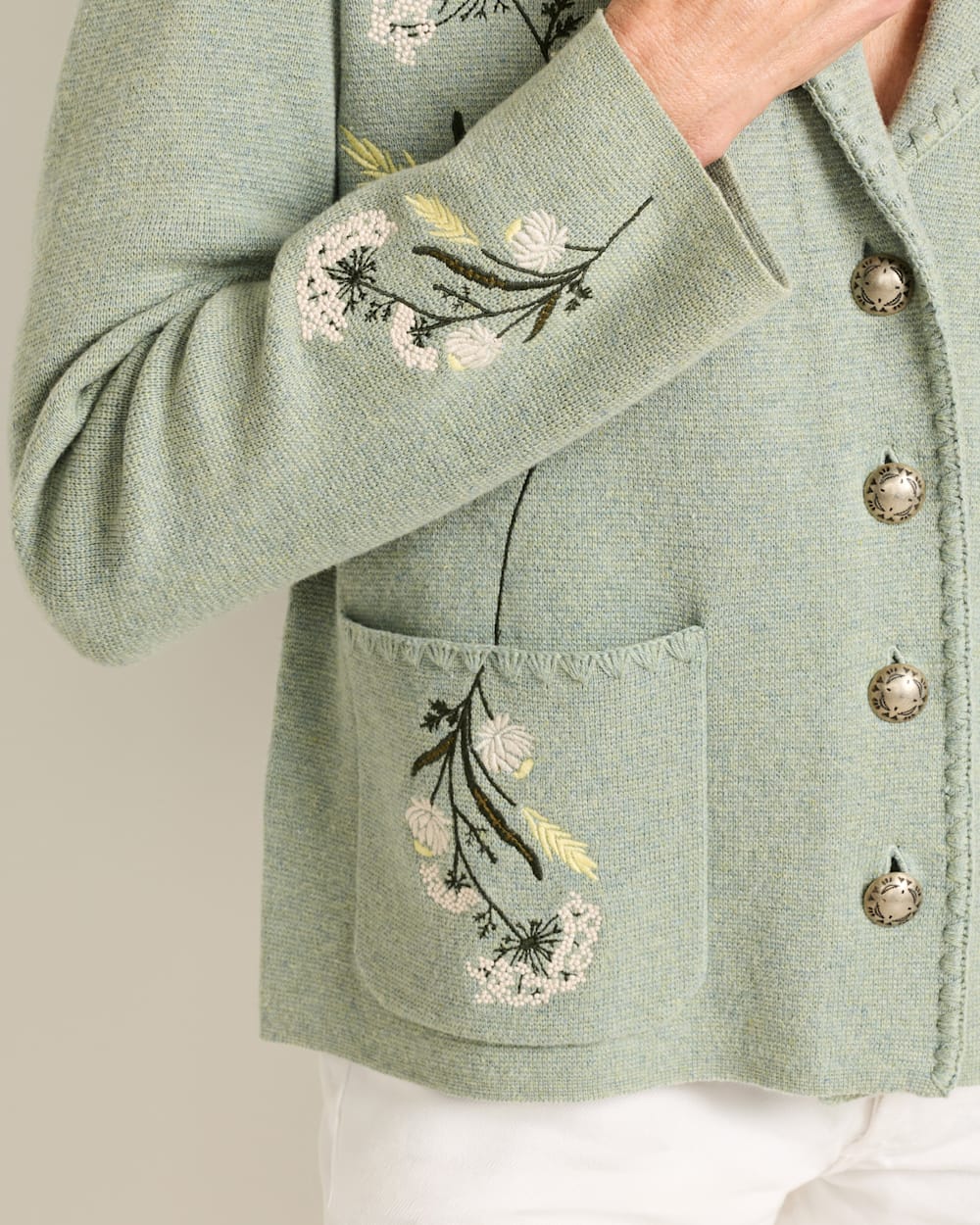 ALTERNATE VIEW OF WOMEN'S FLORAL SOUVENIR CARDIGAN IN SEAFOAM HEATHER image number 5