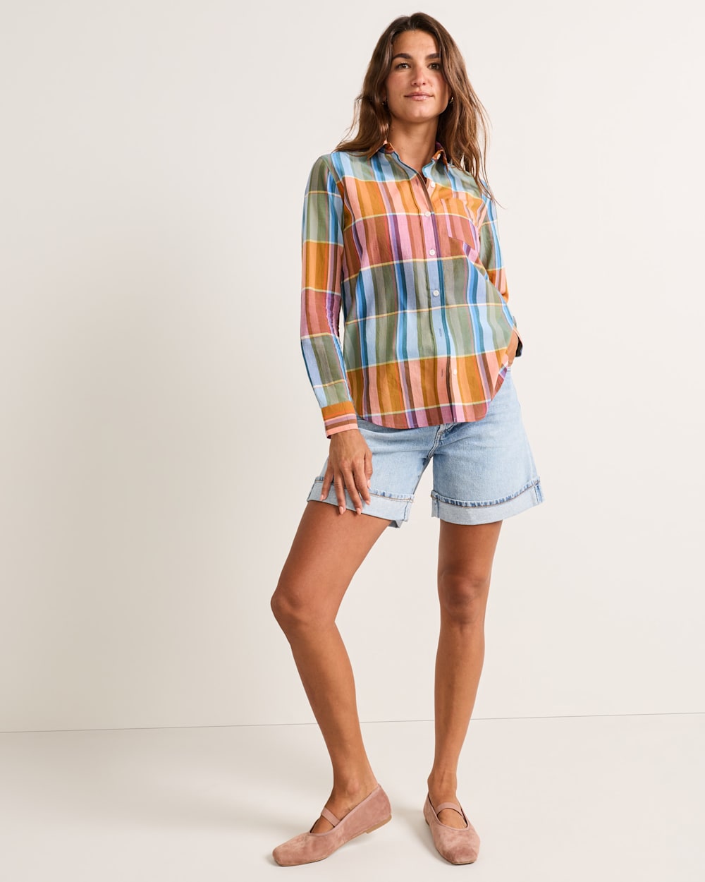 WOMEN'S PLAID PERFECT ONE POCKET PLAID SHIRT IN TEAL/ORANGE MULTI image number 1